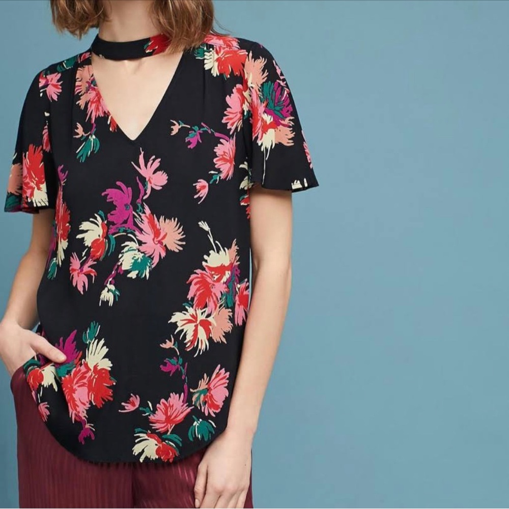 Anthropologie Maeve Flutter Sleeve Floral Blouse